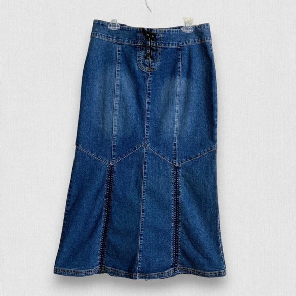 Vintage Dresses & Skirts - Vintage Y2K Denim Maxi Skirt Low Mid Rise Lace and Mesh Streetwear Large